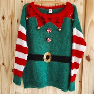 Holiday Time Oversized Elf Christmas Sweater Sequined Bells